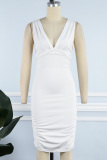 White Sexy Solid Fold V Neck Sleeveless Dress Dresses