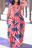 Dark Blue Red Casual Flag Stars Print Floor Length Backless Sleeveless African Style Loose Cami Maxi Dress