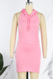 Pink Casual Solid Patchwork Backless Hooded Collar Dresses