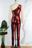 Red Casual Solid Backless Oblique Collar Skinny Jumpsuits
