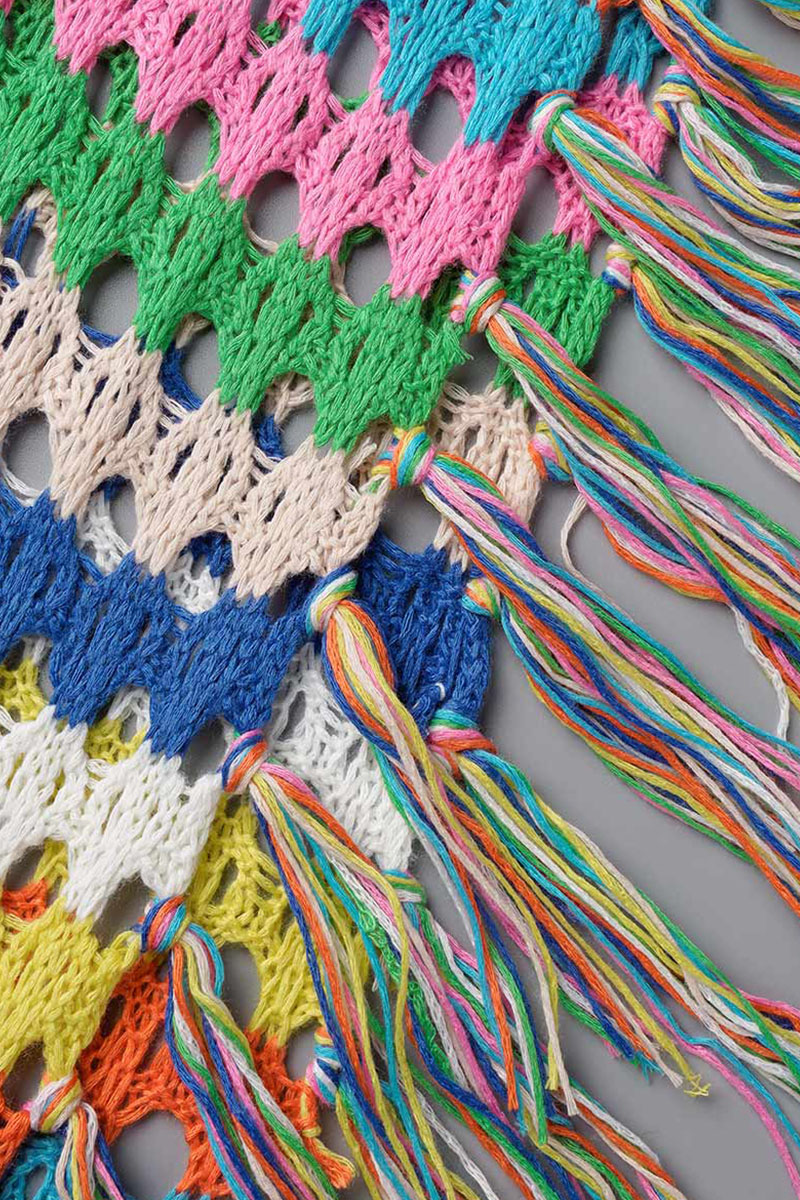 Multicolored Openwork Tassel Slit Cover-Up