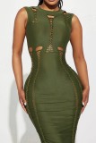 Army Green Sexy Solid Hollowed Out O Neck Long Dress Dresses