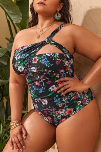 Black Sexy Print Hollowed Out Backless One Shoulder Plus Size Swimwear (With Paddings)