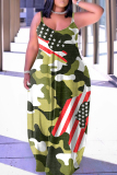 Green Casual Flag Stars Print Floor Length Backless Sleeveless African Style Loose Cami Maxi Dress