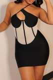 Black Sexy Patchwork Backless Oblique Collar Sleeveless Dress Dresses