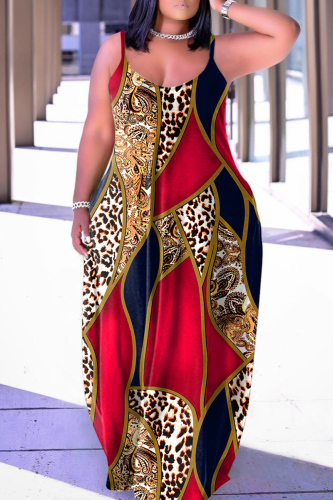 Red Sexy Casual Print Backless Spaghetti Strap Long Dress Dresses