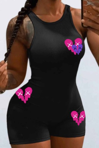 Black Casual Street Print Patchwork O Neck Rompers
