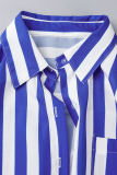 Blue Casual Striped Print Basic Shirt Collar Short Sleeve Two Pieces