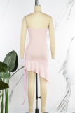 Pink Sexy Solid Backless Strapless Irregular Dress Dresses