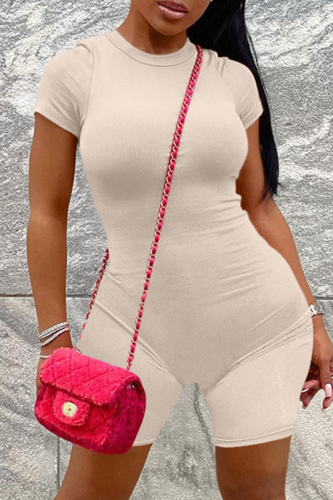 Apricot Casual Solid Patchwork O Neck Skinny Romper