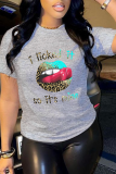 White Casual Street Print Lips Printed Patchwork O Neck T-Shirts