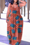 Deep Red Casual Flag Stars Print Floor Length Backless Sleeveless African Style Loose Cami Maxi Dress