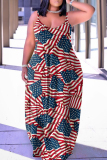 Red Blue Casual Flag Stars Print Floor Length Backless Sleeveless African Style Loose Cami Maxi Dress