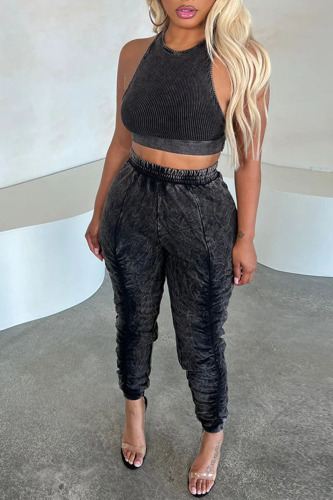 Black Casual Solid Patchwork Fold O Neck Sleeveless Two Pieces