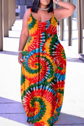Orange Red Sexy Print Backless Spaghetti Strap Long Dress Dresses