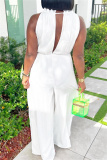 White Casual Solid Hollowed Out Solid Color Halter Straight Jumpsuits