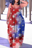 Red Casual Flag Stars Print Floor Length Backless Sleeveless African Style Loose Cami Maxi Dress