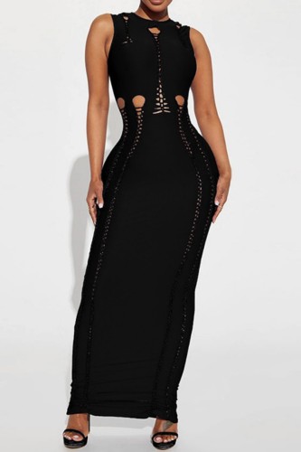 Black Sexy Solid Hollowed Out O Neck Long Dress Dresses