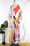 White Casual Street Print Patchwork Slit V Neck Irregular Dress Plus Size Dresses