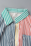 Colour Casual Striped Print Patchwork Buckle Turndown Collar Tops