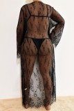 Black Sexy Solid See-through Cardigan Swimwears Cover Up
