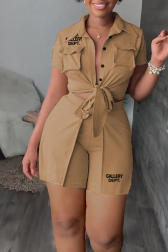 Khaki Casual Letter Print Bandage Patchwork Buckle Turndown Collar Short Sleeve Two Pieces