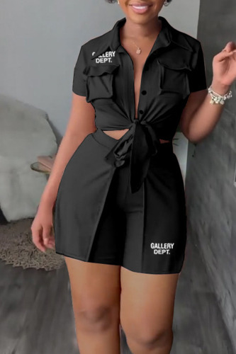 Black Casual Letter Print Bandage Patchwork Buckle Turndown Collar Short Sleeve Two Pieces