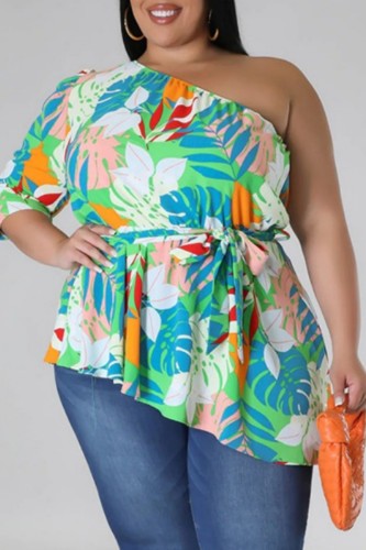 Green Casual Print Backless Oblique Collar Plus Size Tops