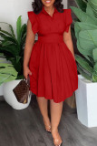 Red Casual Sweet Solid Patchwork Fold Turndown Collar A Line Dresses