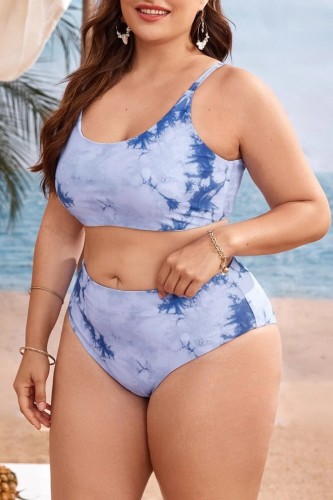 Sky Blue Sexy Print Tie Dye Backless Spaghetti Strap Plus Size Swimwear (With Paddings)