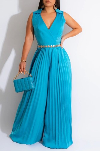Blue Casual Solid Patchwork Pleated V Neck Regular Jumpsuits