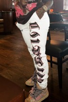 White Casual Letter Print Basic Regular High Waist Conventional Positioning Print Trousers