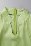 Light Green Casual Solid Patchwork V Neck Pleated Plus Size Dresses