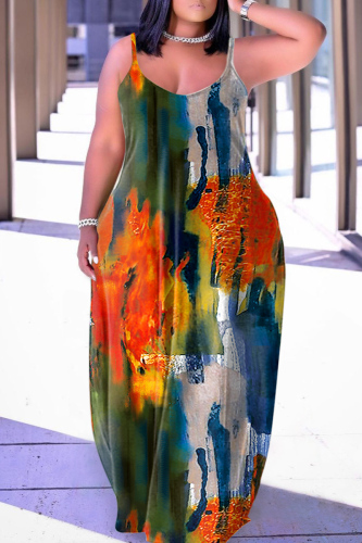 Army Green Sexy Casual Print Backless Spaghetti Strap Long Dress Dresses