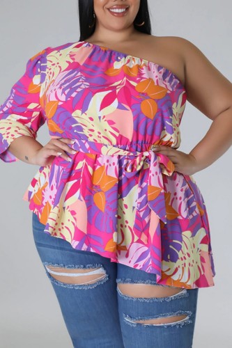 Pink Purple Casual Print Backless Oblique Collar Plus Size Tops