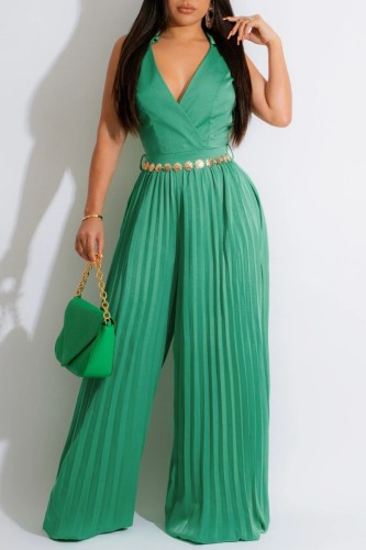 Green Casual Solid Patchwork Pleated V Neck Regular Jumpsuits
