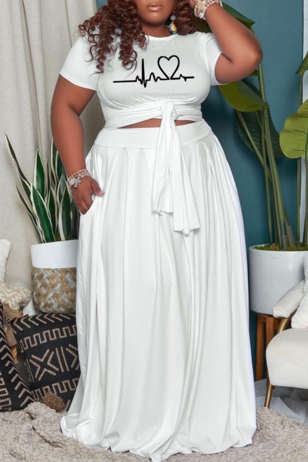 White Casual Bandage O Neck Plus Size Two Pieces