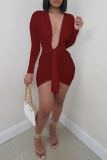 Apricot Fashion Sexy Solid Bandage V Neck Long Sleeve Dresses