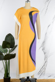 Orange Casual Print Slit Basic O Neck Long Dress Dresses