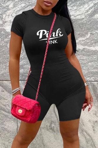 Black Street Print Letter O Neck Rompers