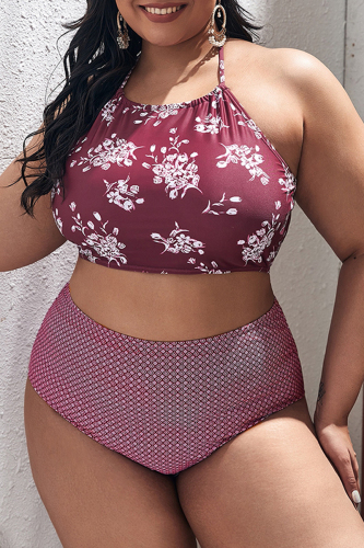 Burgundy Print Bandage Backless Halter Plus Size Swimwear (With Paddings)