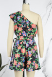Green Casual Print Backless Oblique Collar Regular Rompers
