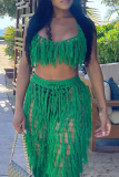 Green Fashion Casual Solid Tassel Hollowed Out Backless Spaghetti Strap Sleeveless Two Pieces