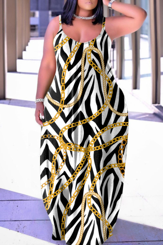 Black White Sexy Casual Print Backless Spaghetti Strap Long Dress Dresses