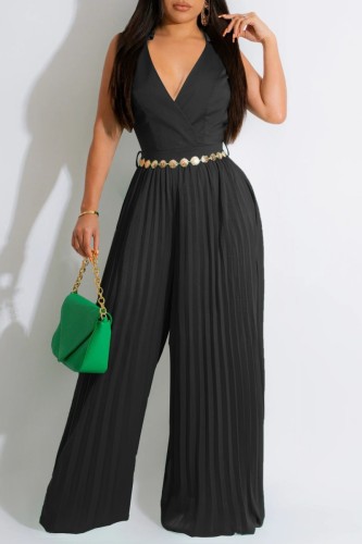 Black Casual Solid Patchwork Pleated V Neck Regular Jumpsuits