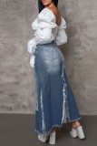 Dark Blue Casual Solid Ripped Patchwork Slit High Waist Regular Denim (Without Mesh Lining)