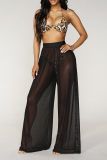 Black Sexy Solid See-through Loose Mid Waist Wide Leg Solid Color Bottoms
