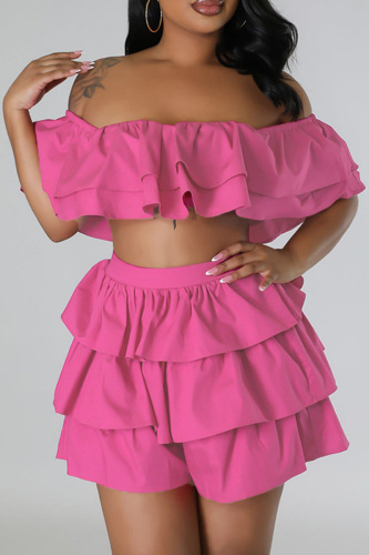 Rose Red Sexy Casual Solid Patchwork Backless Off the Shoulder Short Sleeve Two Pieces
