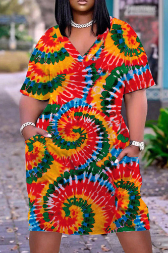 Orange Red Casual Print Patchwork Basic V Neck Short Sleeve Dress