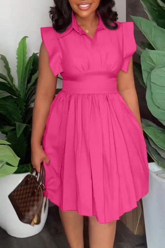 Rose Red Casual Sweet Solid Patchwork Fold Turndown Collar A Line Dresses